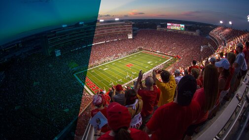 photo of a crowded memorial stadium from the top row